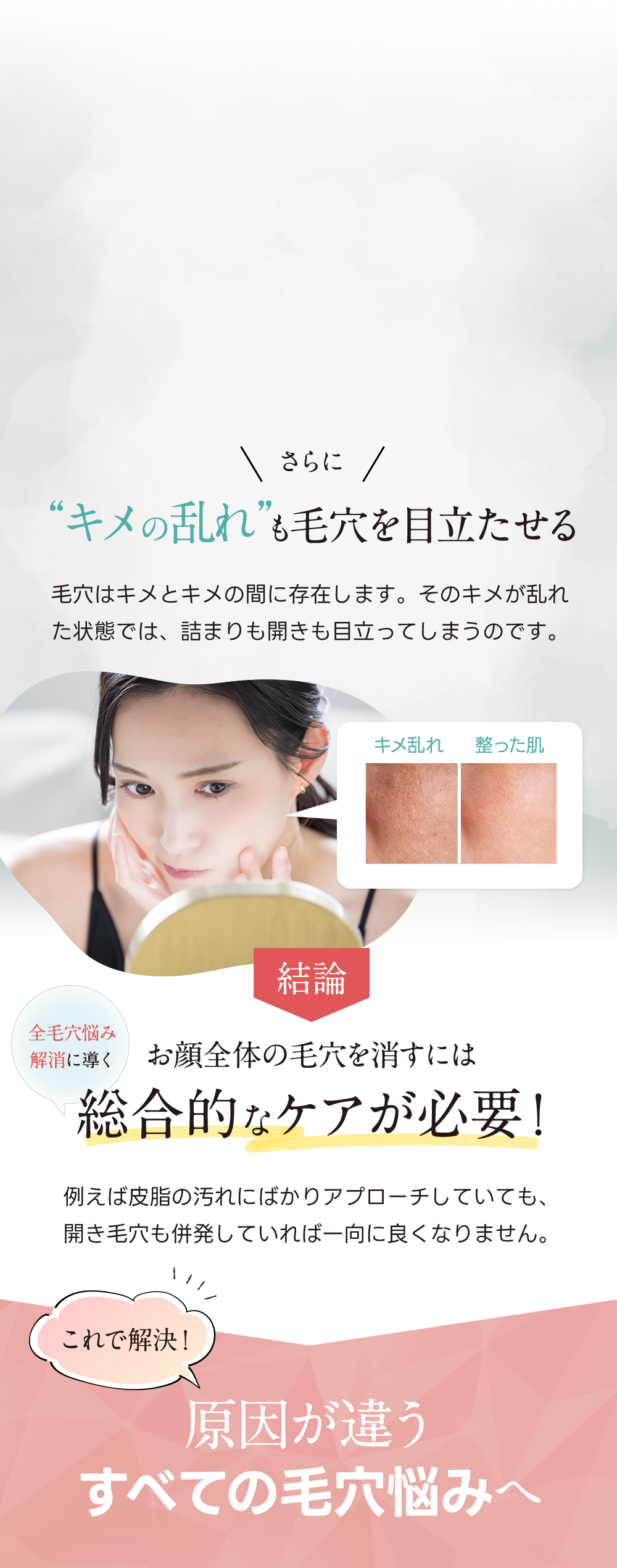 さらに、”キメの乱れ”も毛穴を目立たせる。結論、お顔全体の毛穴を消すには総合的なケアが必要！原因が違うすべての毛穴悩みへ